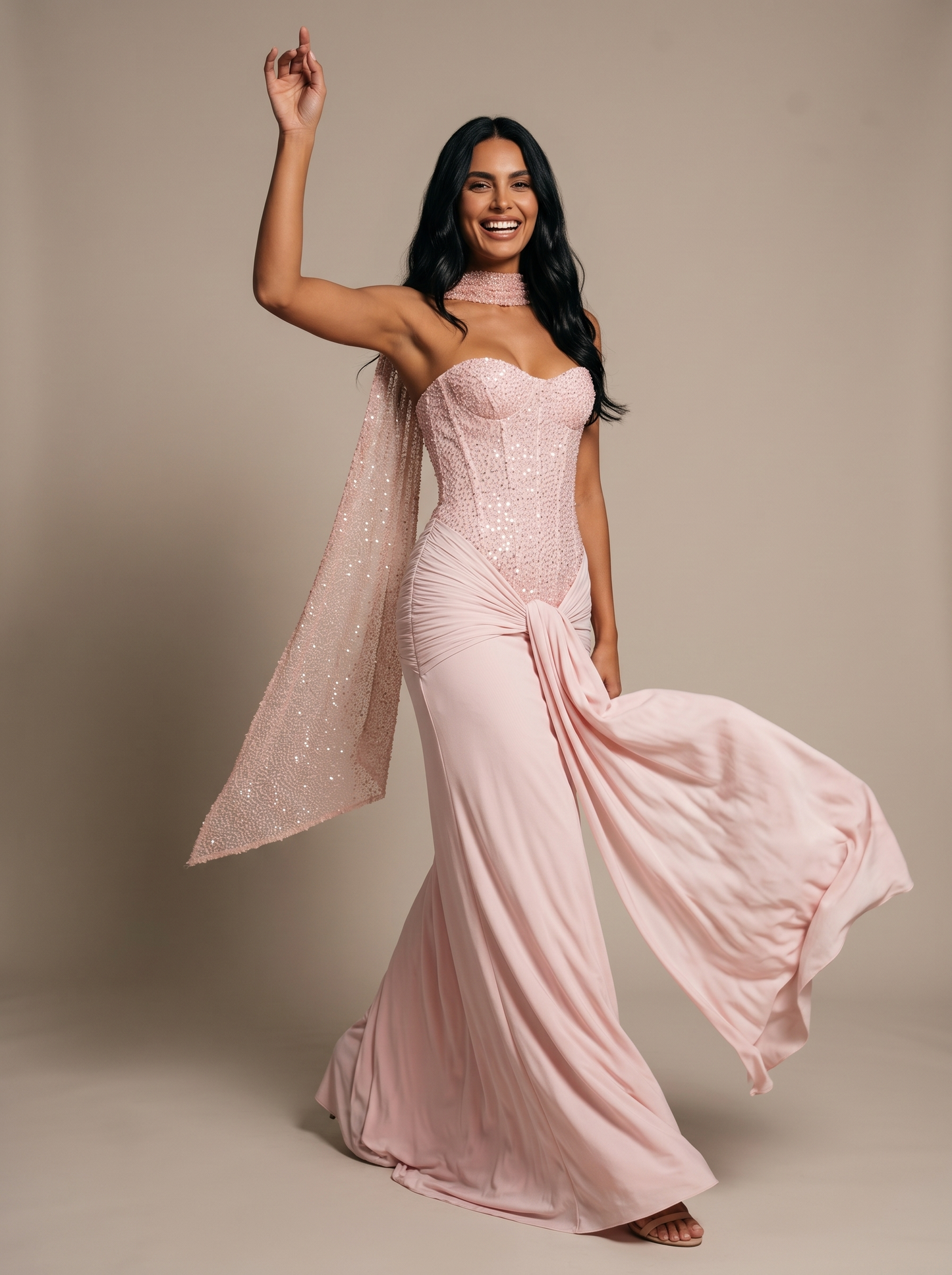 Chocolate Brown Strapless Draped Gown - Pink