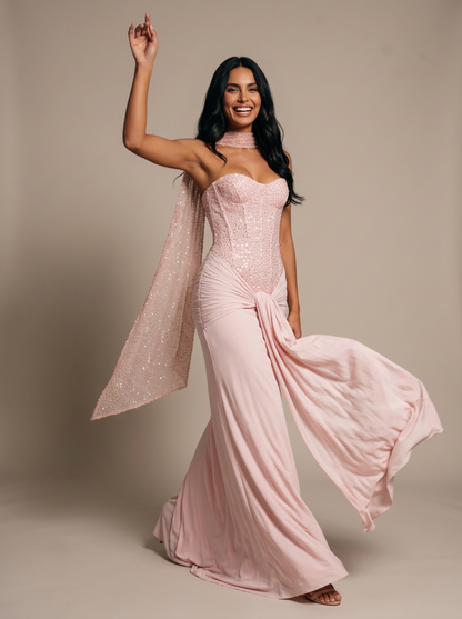 Chocolate Brown Strapless Draped Gown - Pink