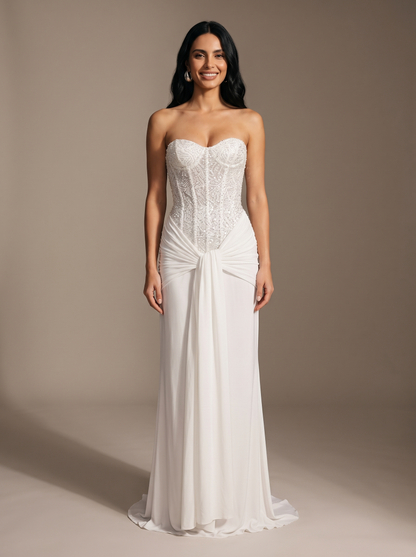 Chocolate Brown Strapless Draped Gown - White, front