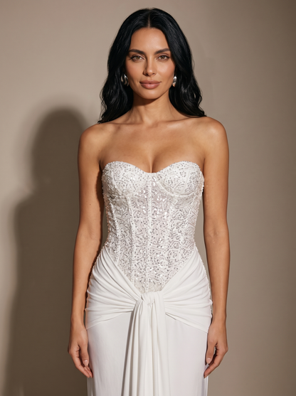 Chocolate Brown Strapless Draped Gown - White, close up