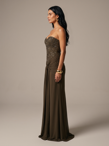 Chocolate Brown Strapless Draped Gown - Khaki, side