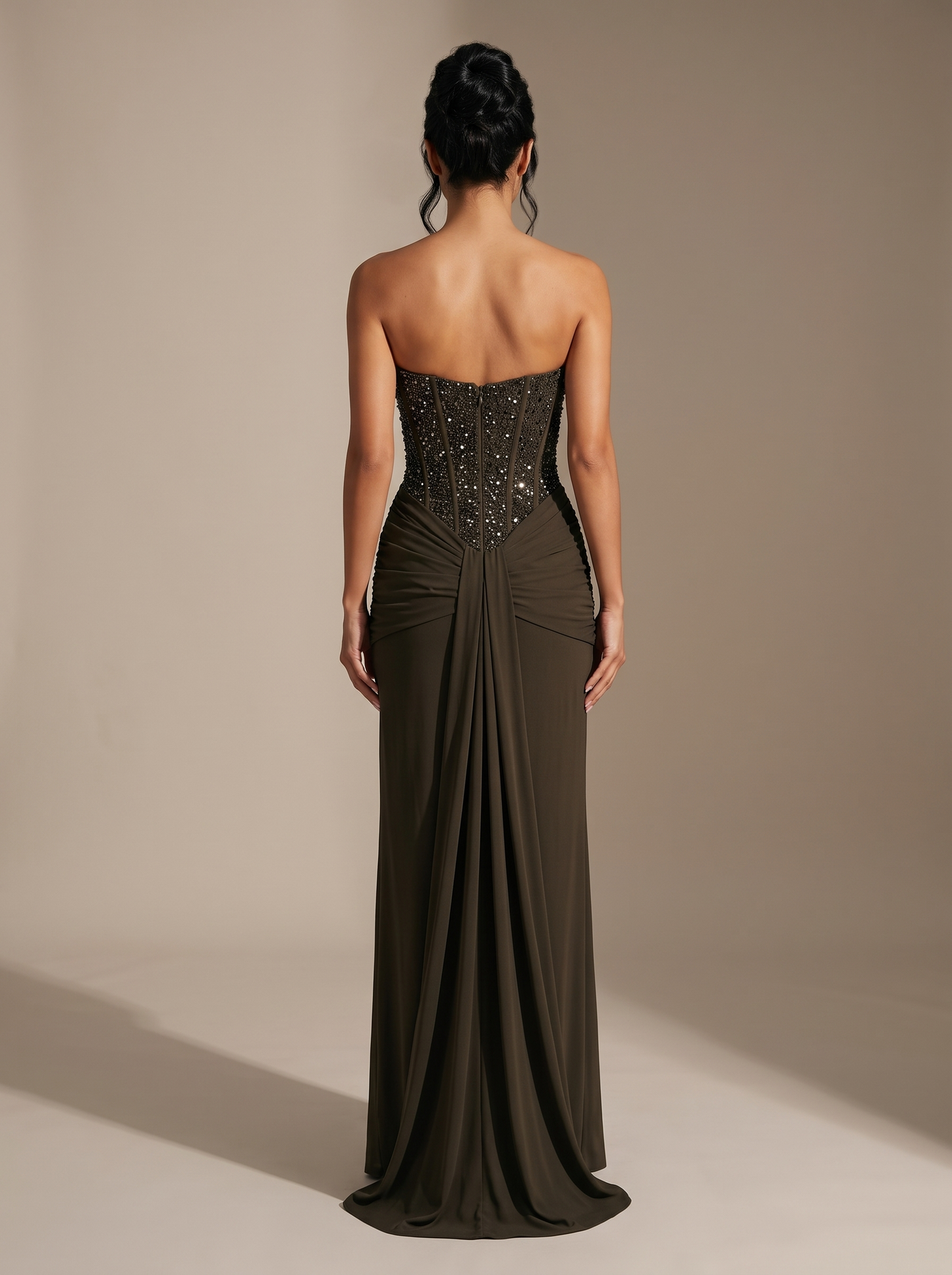 Chocolate Brown Strapless Draped Gown - Khaki, back