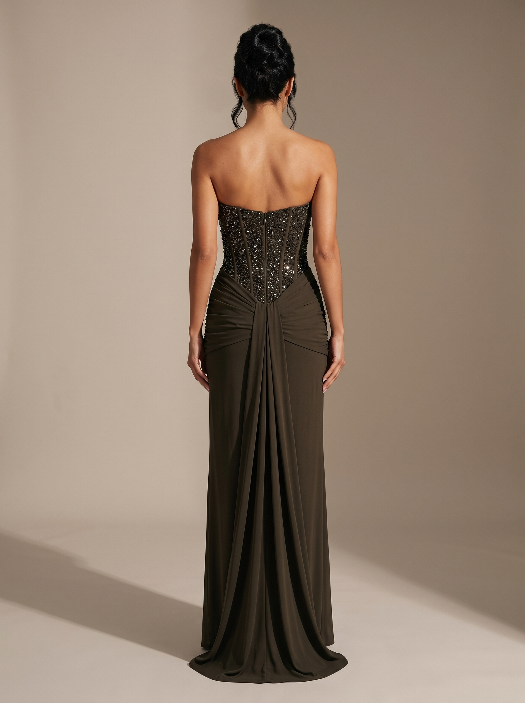 Chocolate Brown Strapless Draped Gown - Khaki, back