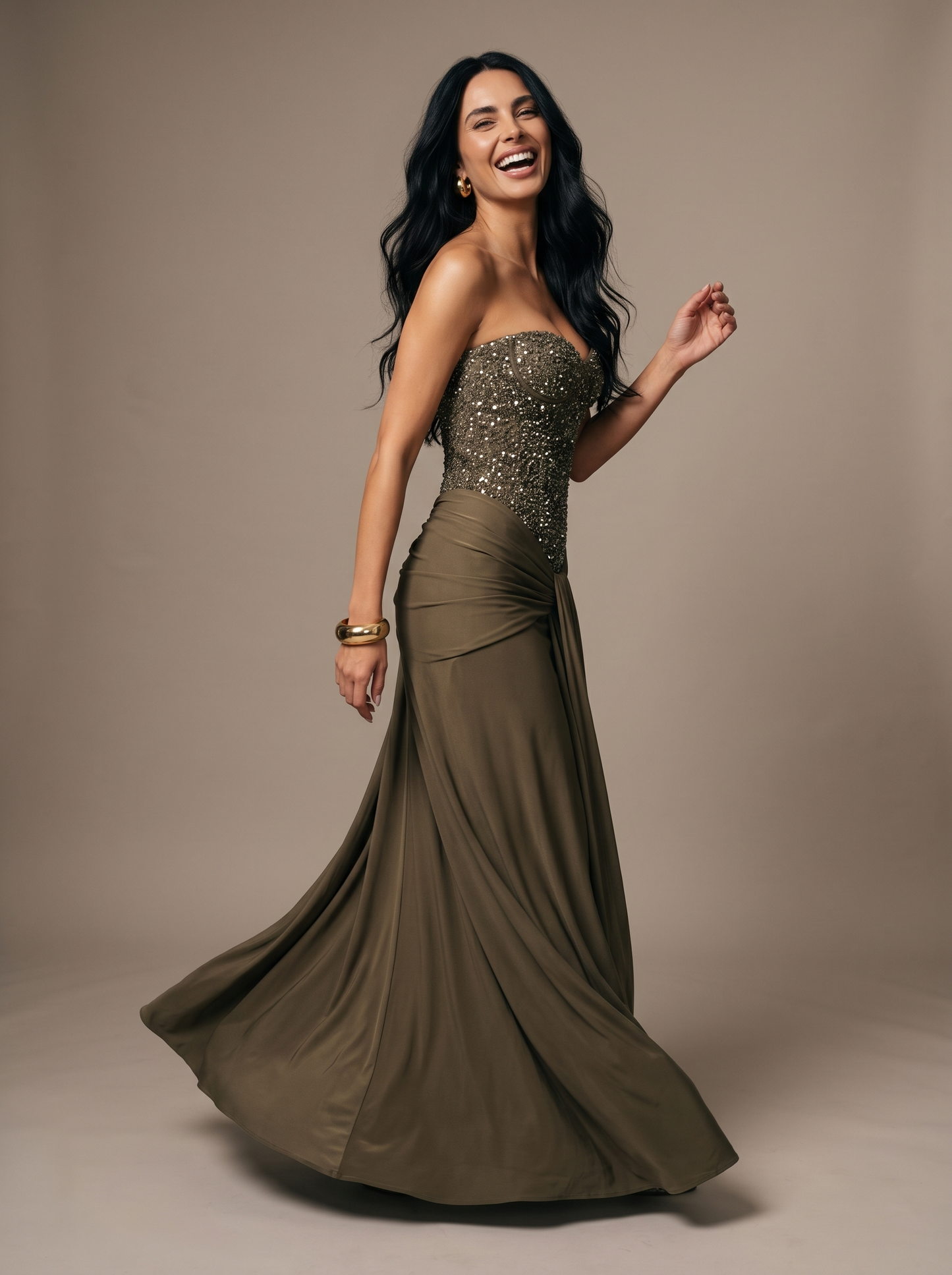 Chocolate Brown Strapless Draped Gown - Khaki