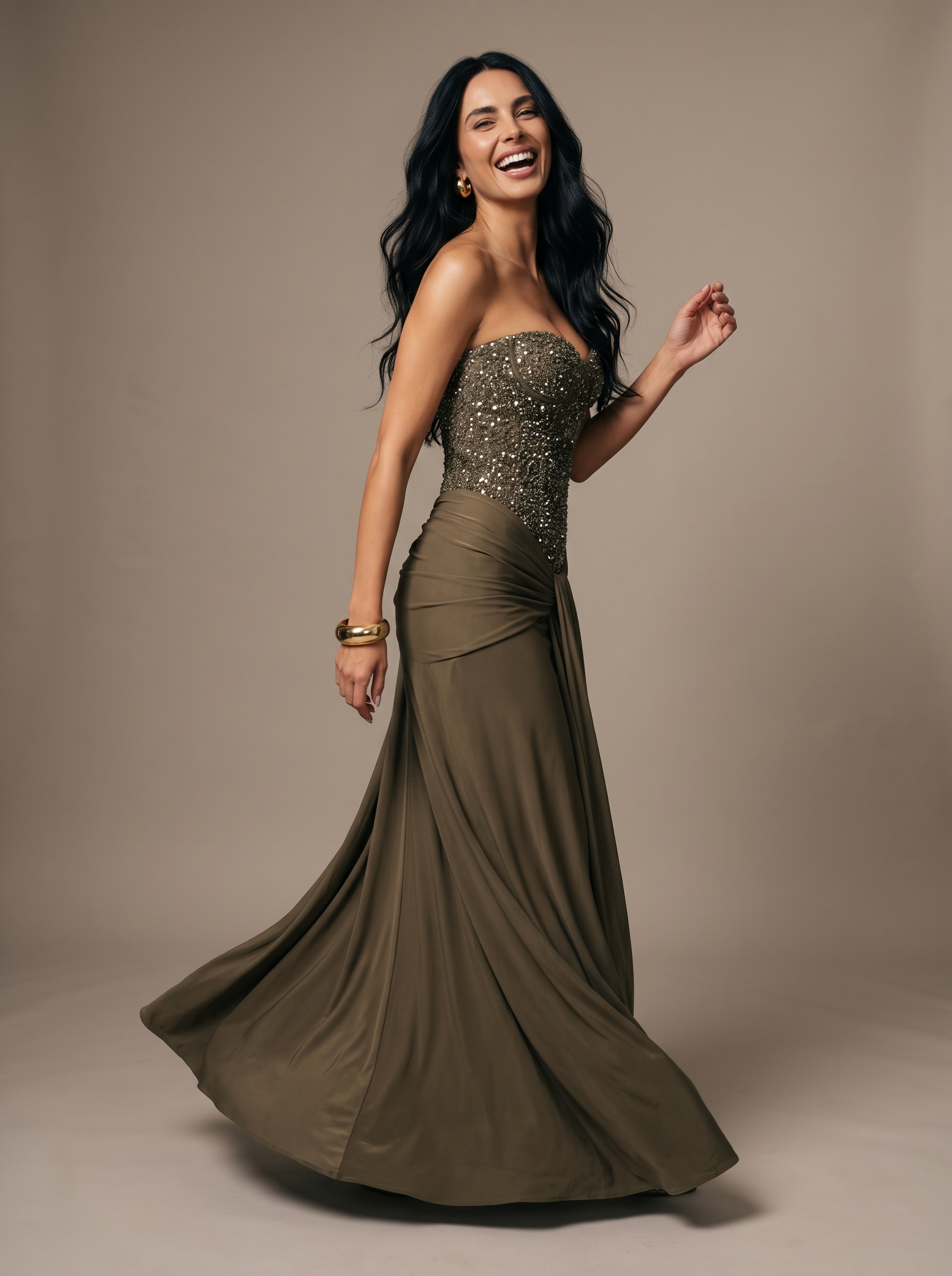 Chocolate Brown Strapless Draped Gown - Khaki