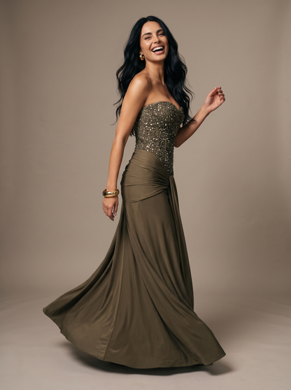 Chocolate Brown Strapless Draped Gown - Khaki