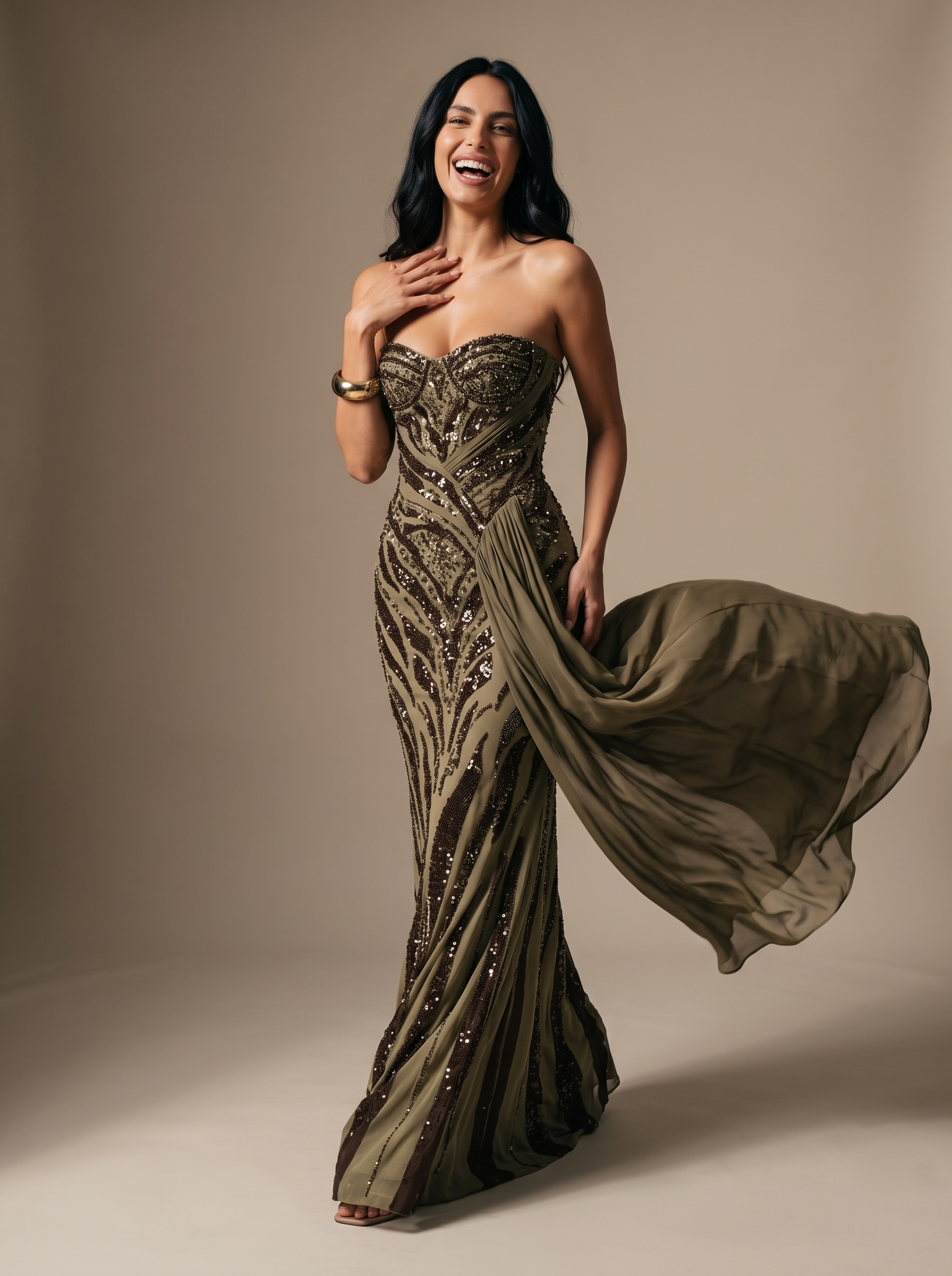 Chocolate Brown Strapless Draped Gown - Khaki