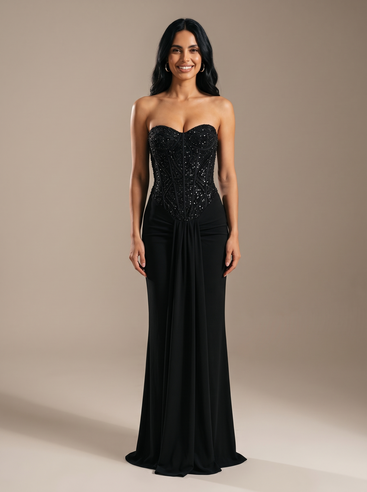 Chocolate Brown Strapless Draped Gown - Black, front