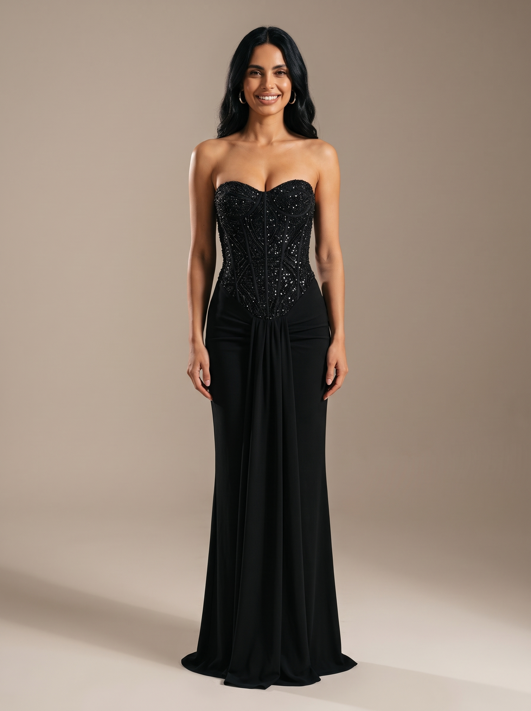 Chocolate Brown Strapless Draped Gown - Black, front
