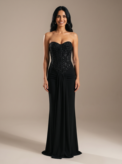 Chocolate Brown Strapless Draped Gown - Black, front