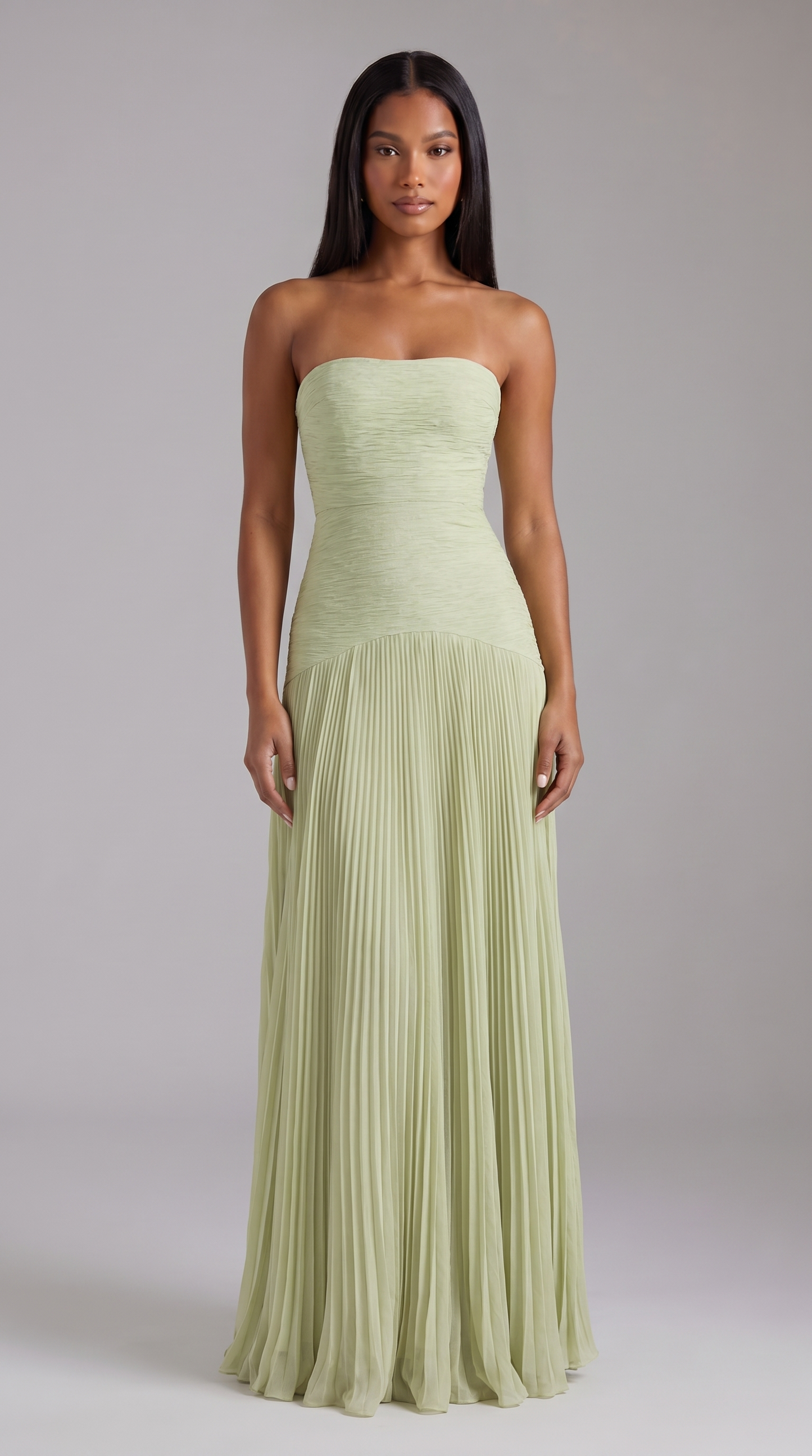 Strapless Ruched Chiffon Maxi Dress - Sage Green