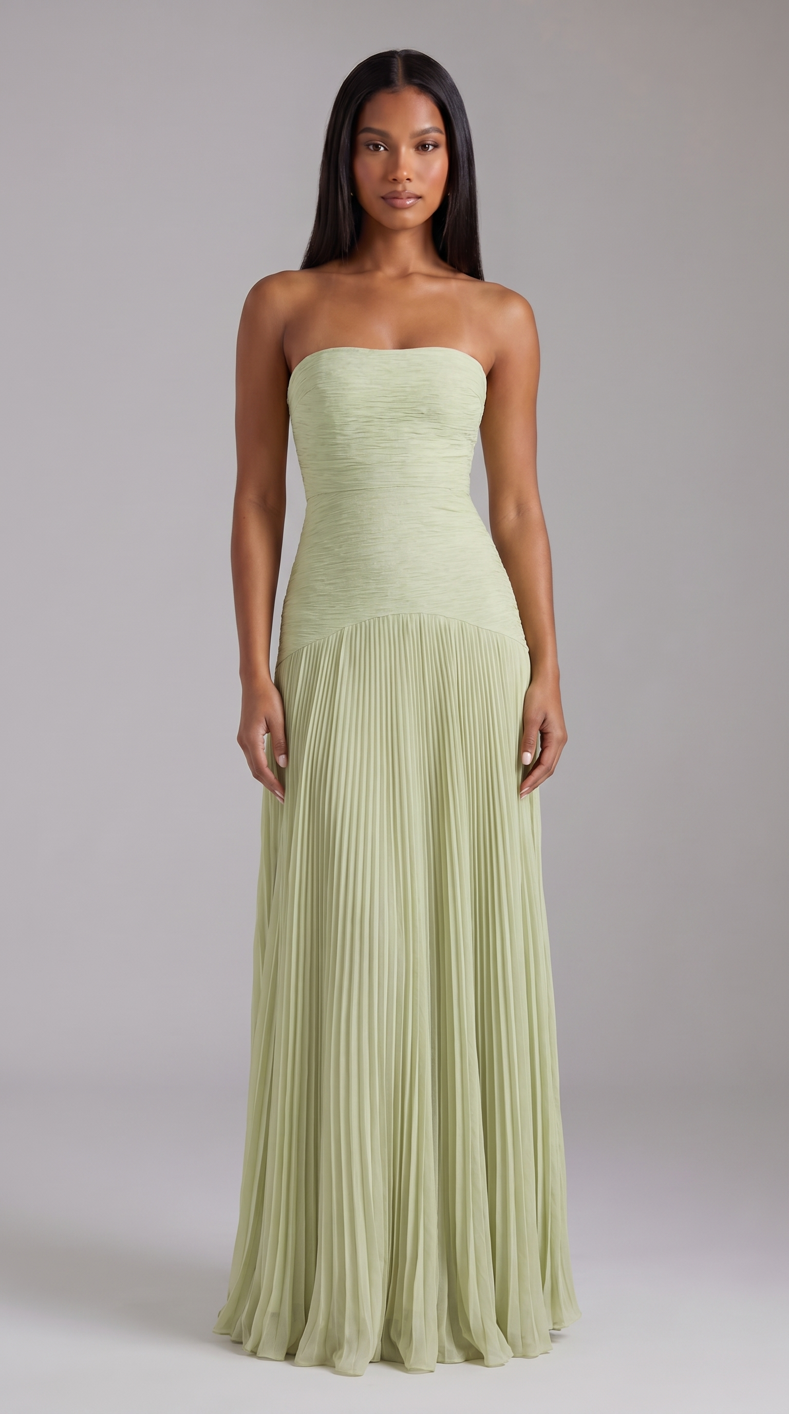 Strapless Ruched Chiffon Maxi Dress - Sage Green
