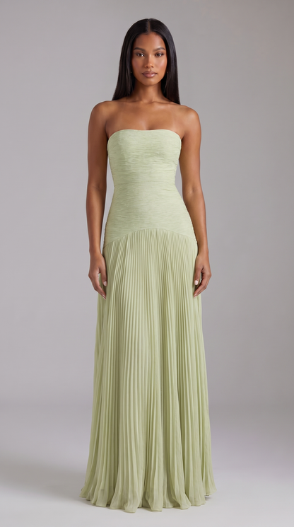 Strapless Ruched Chiffon Maxi Dress - Sage Green