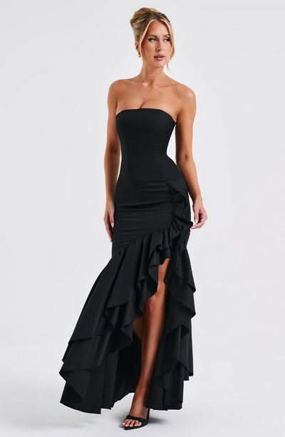 Strapless Ruffle Slit Maxi Dress - Black