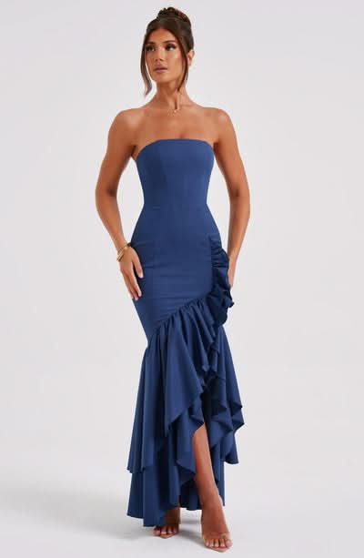 Strapless Ruffle Slit Maxi Dress - Navy