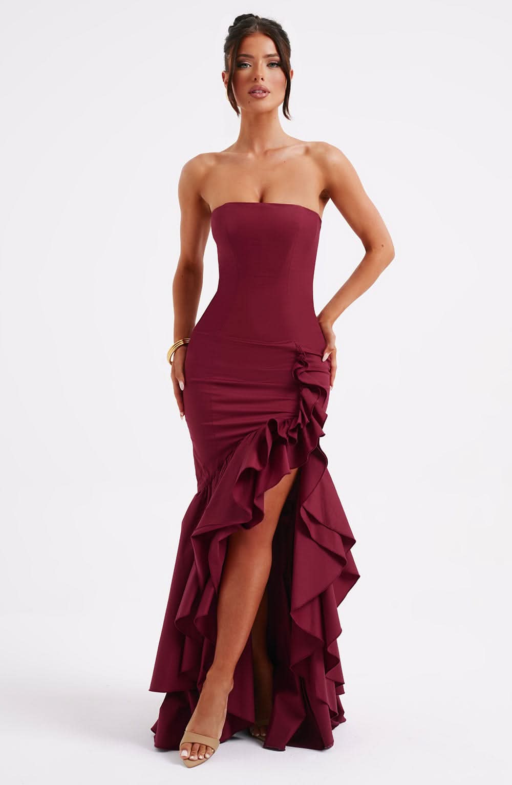 Strapless Ruffle Slit Maxi Dress - Burgundy