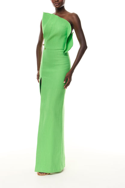 One Shoulder Green Slit Evening Gown
