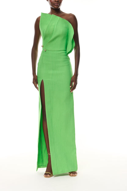 One Shoulder Green Slit Evening Gown - MEADOW