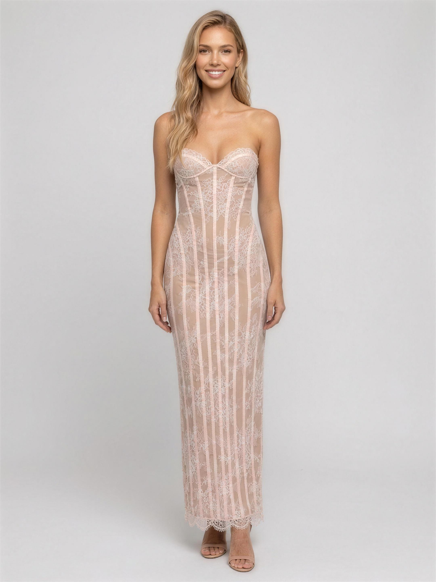 Sweetheart Corset Burgundy Lace Maxi Dress - Blush