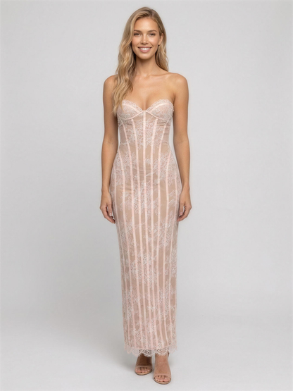 Sweetheart Corset Burgundy Lace Maxi Dress - Blush