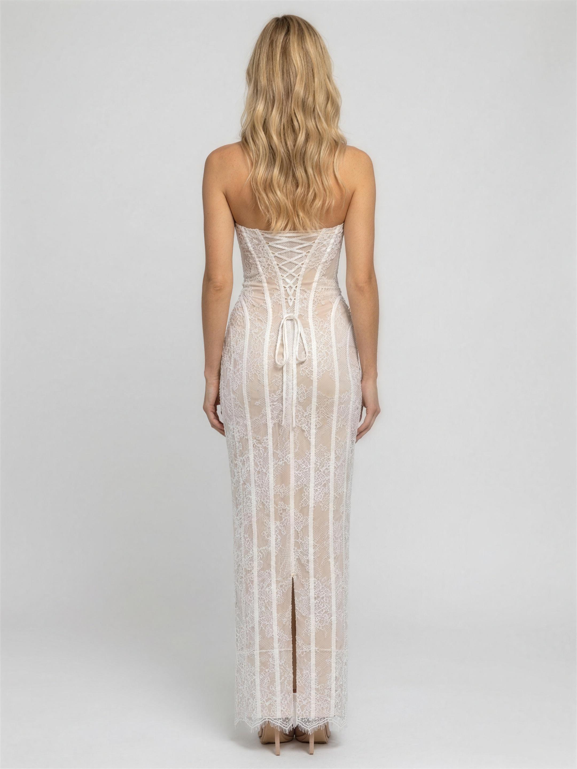 Sweetheart Corset Burgundy Lace Maxi Dress - Ivory