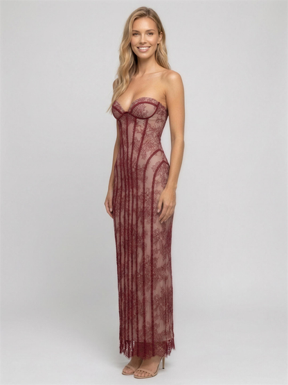 Sweetheart Corset Burgundy Lace Maxi Dress - Burgundy