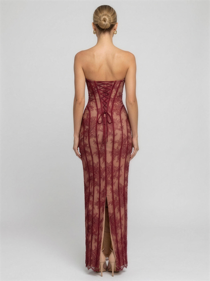 Sweetheart Corset Burgundy Lace Maxi Dress - Burgundy