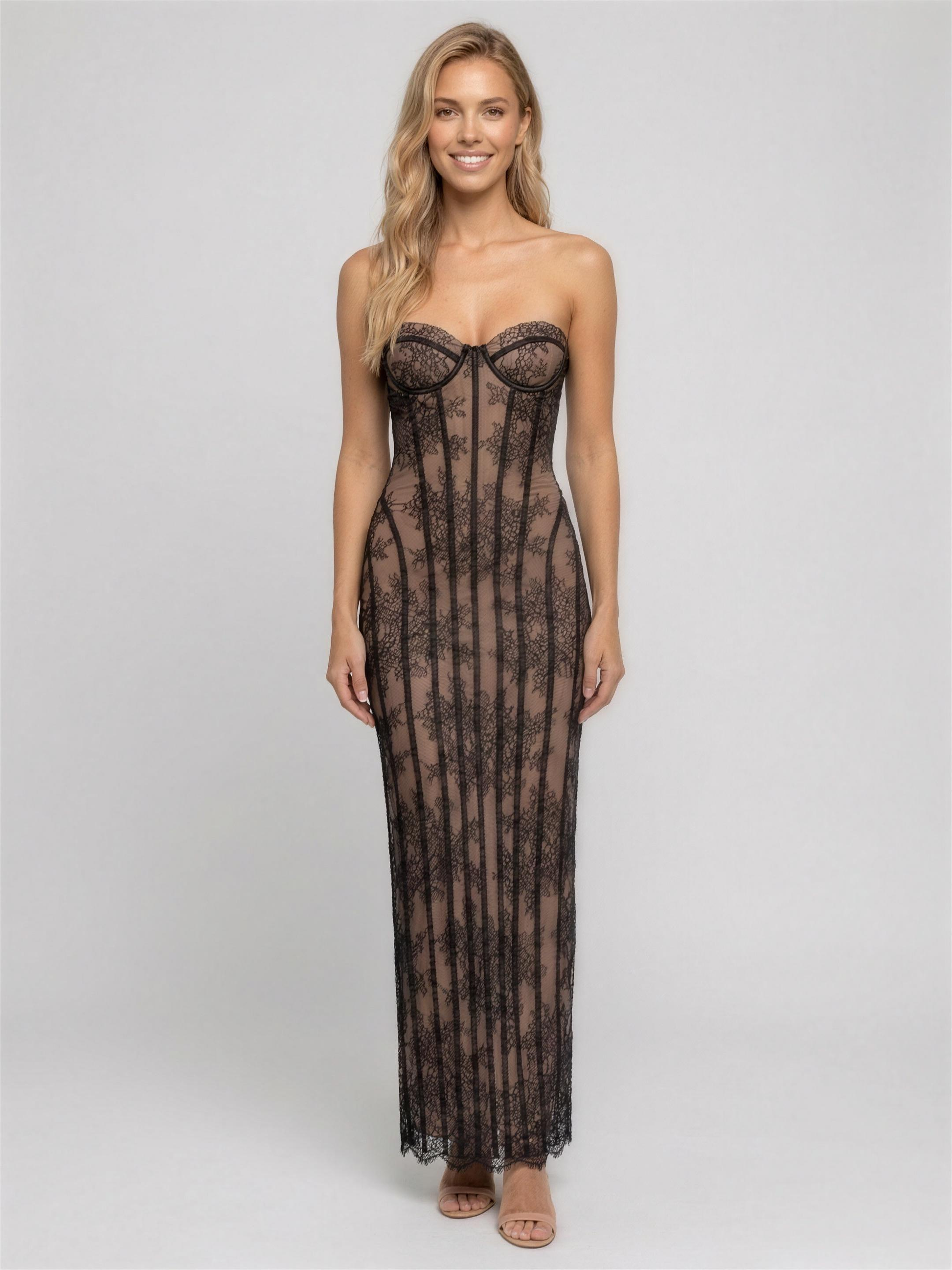 Sweetheart Corset Burgundy Lace Maxi Dress - Black