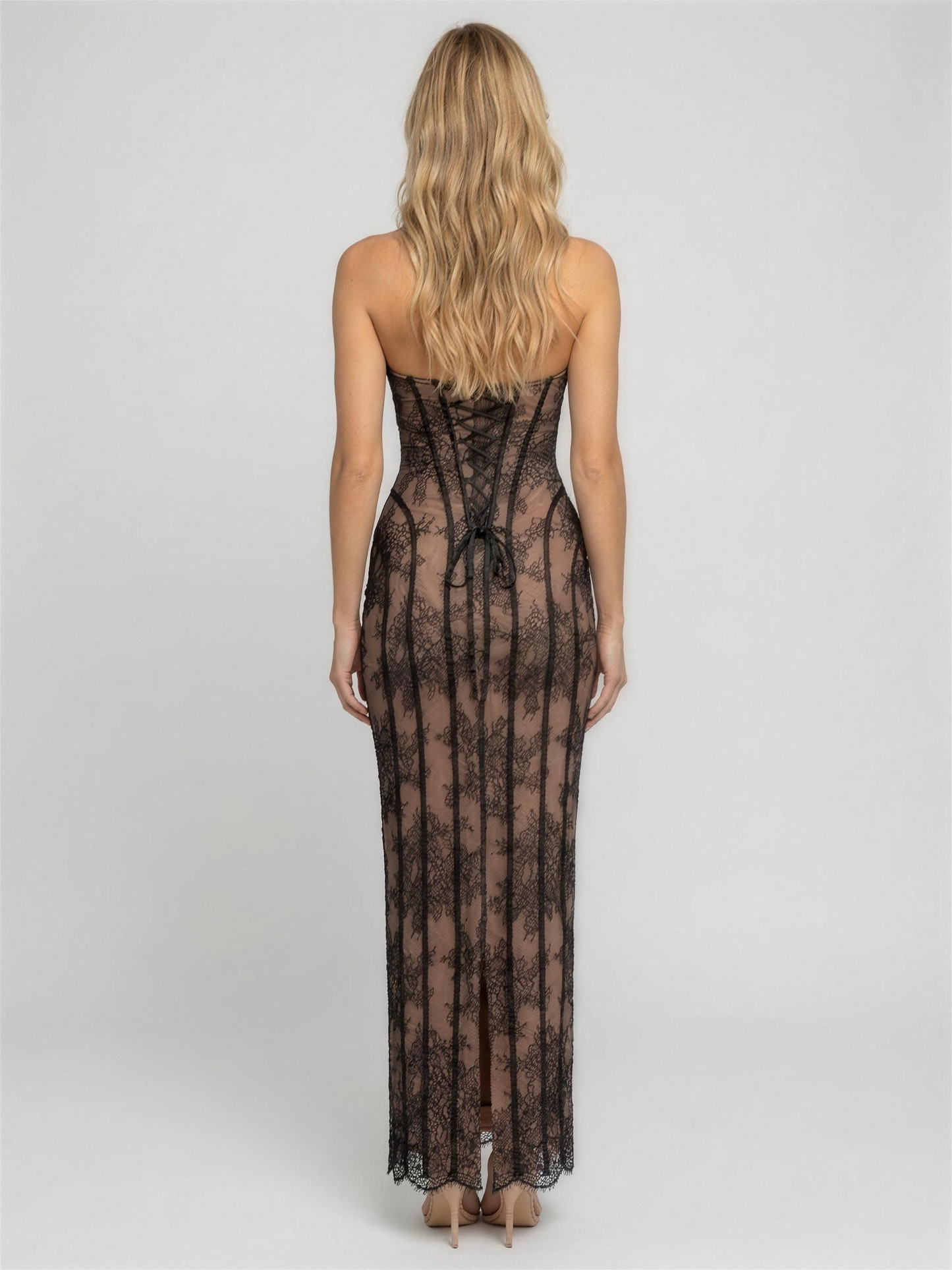 Sweetheart Corset Burgundy Lace Maxi Dress - Black