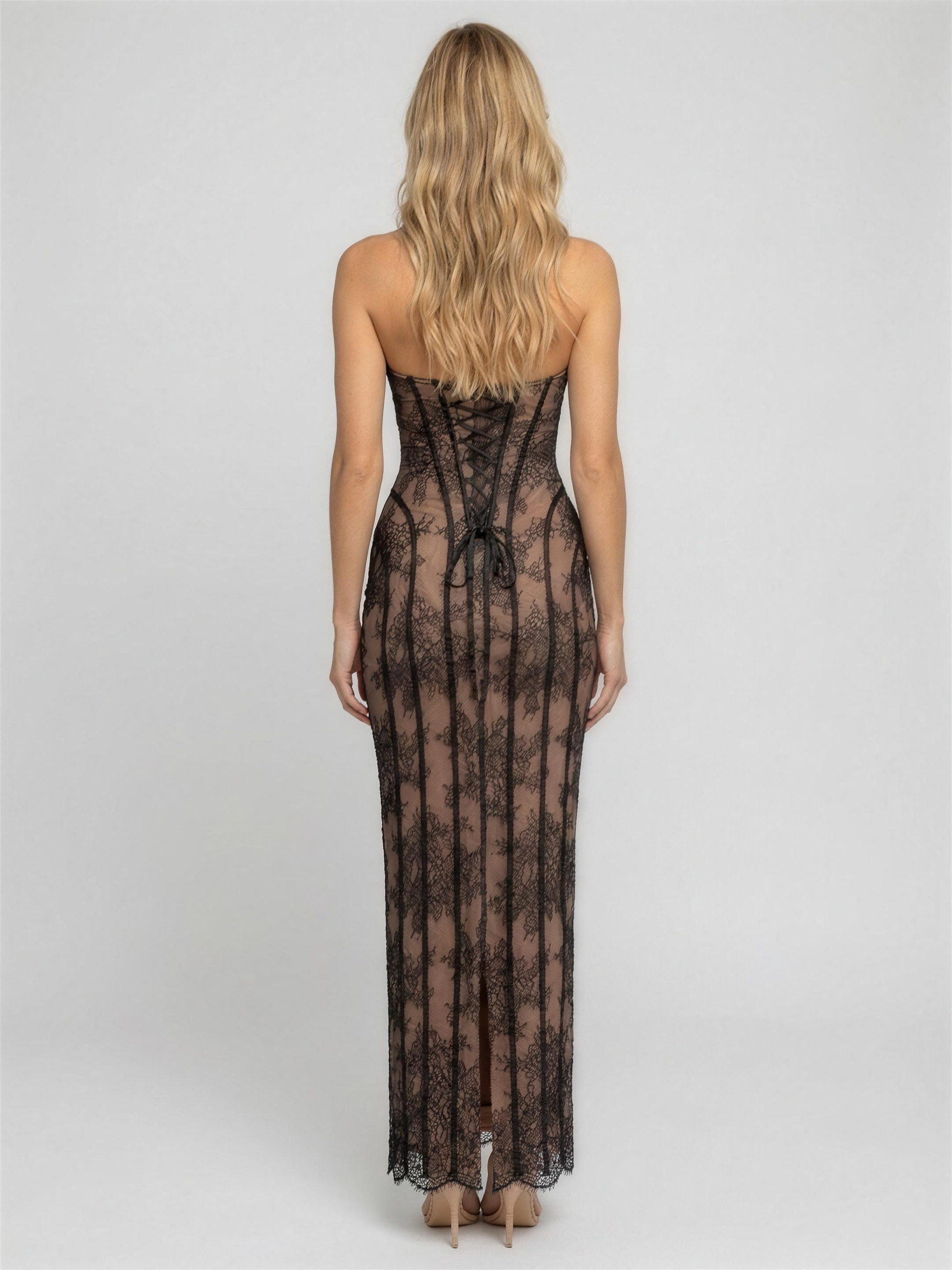 Sweetheart Corset Burgundy Lace Maxi Dress - Black