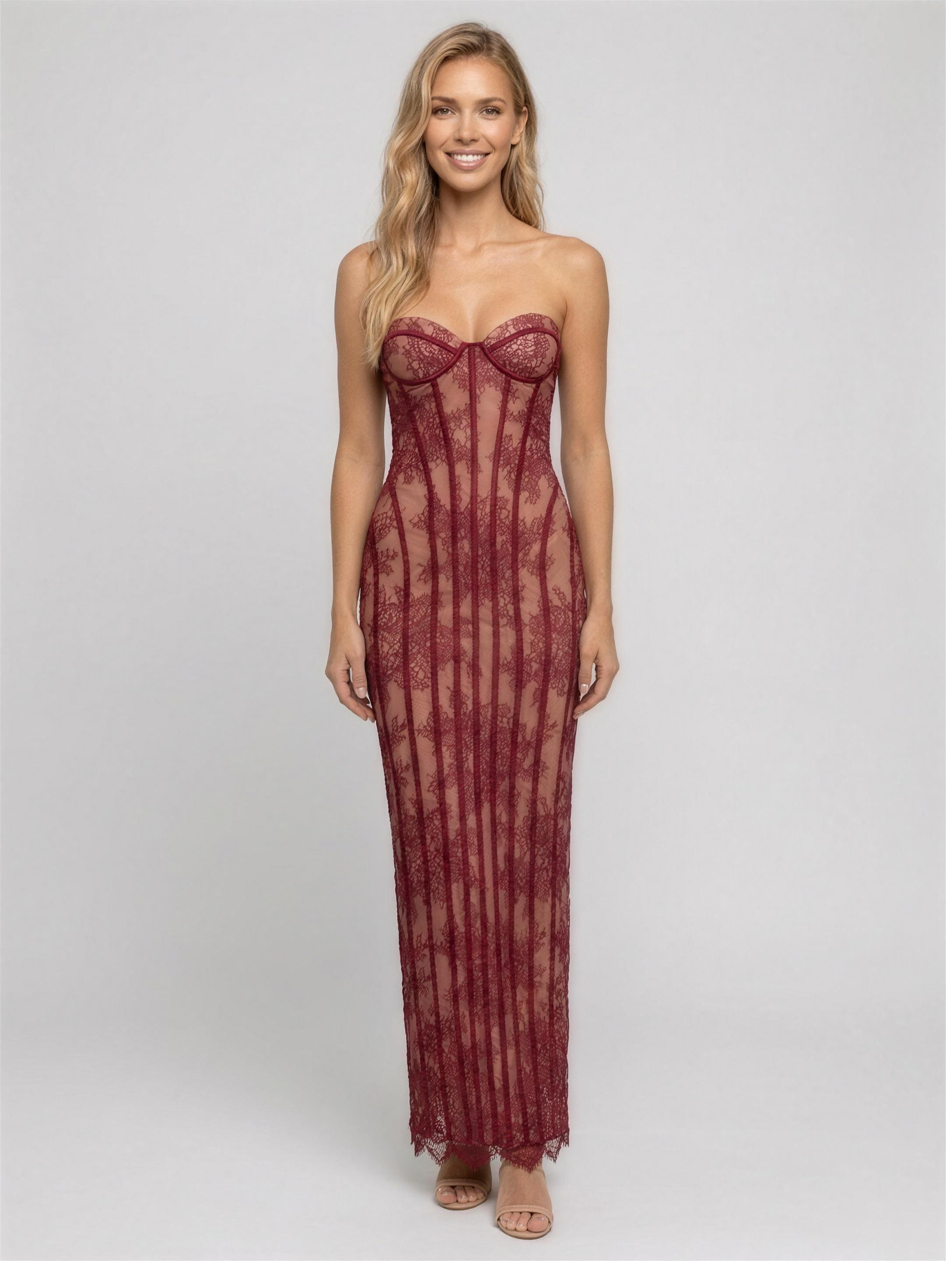 Sweetheart Corset Burgundy Lace Maxi Dress - Burgundy