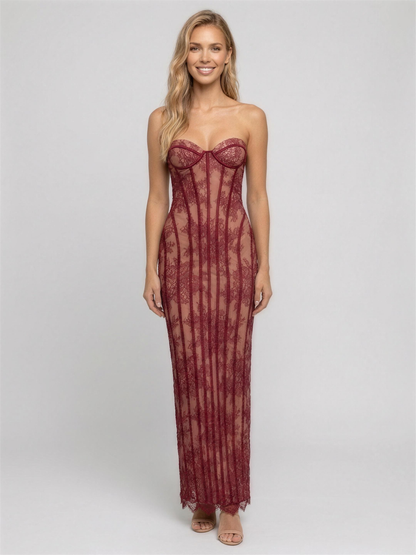 Sweetheart Corset Burgundy Lace Maxi Dress - Burgundy
