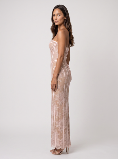 Sweetheart Corset Wine Lace Maxi Dress - Blush