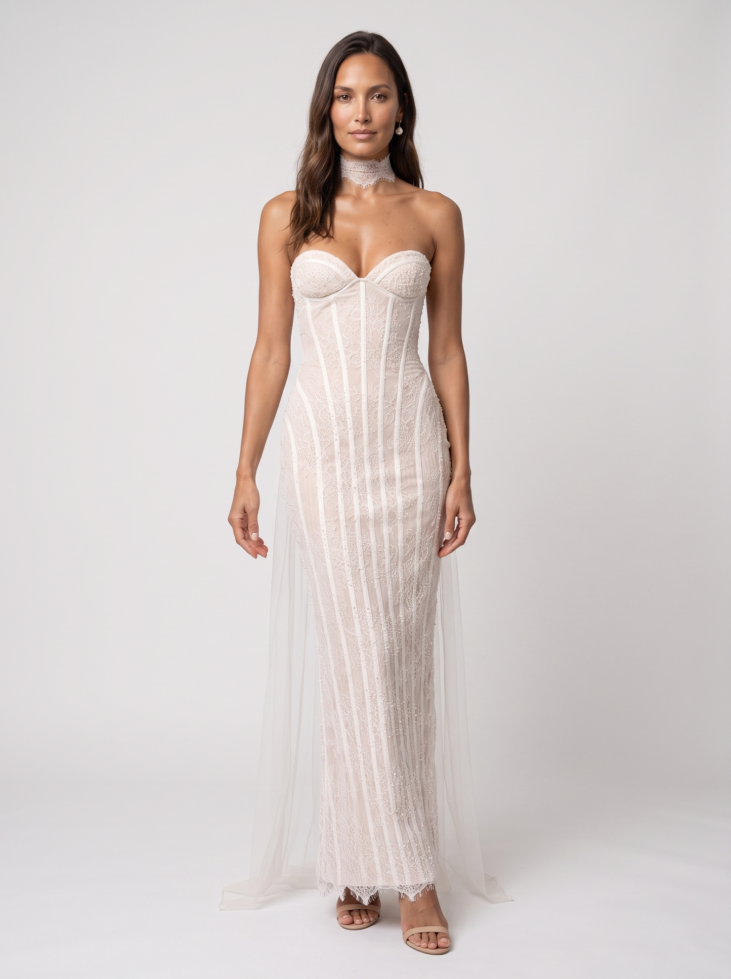Sweetheart Corset Wine Lace Maxi Dress - Ivory
