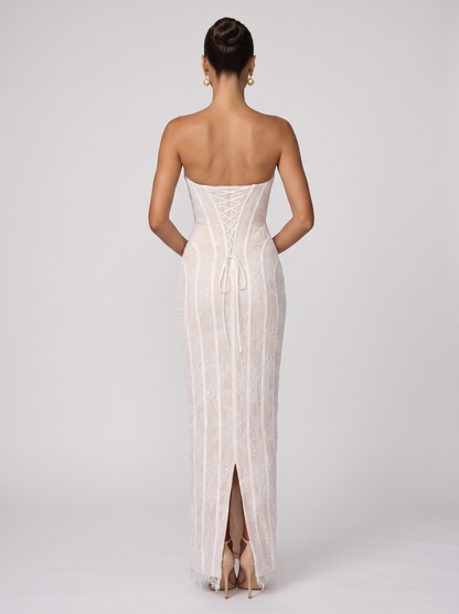 Sweetheart Corset Wine Lace Maxi Dress - Ivory