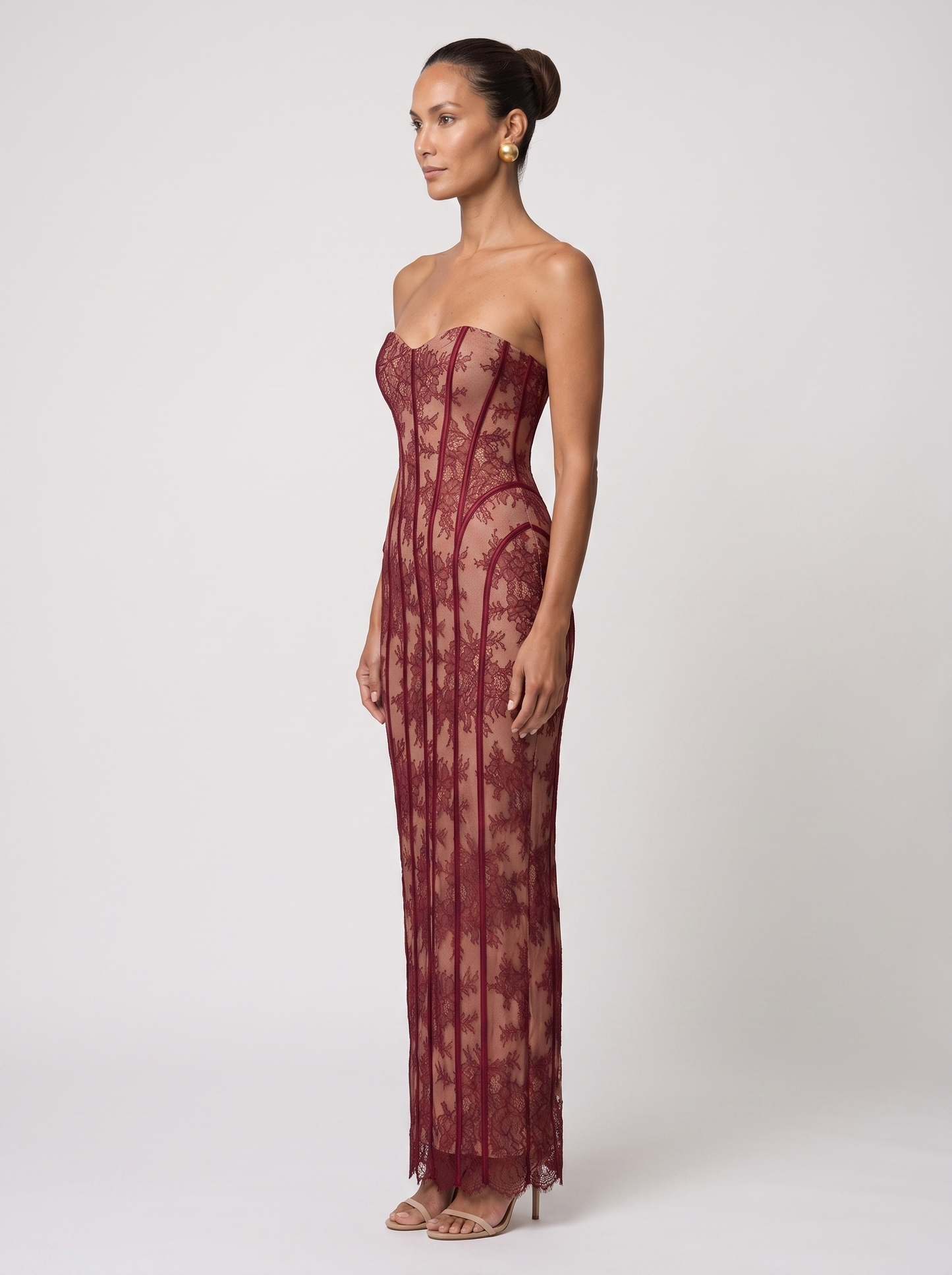 Sweetheart Corset Wine Lace Maxi Dress - Burgundy
