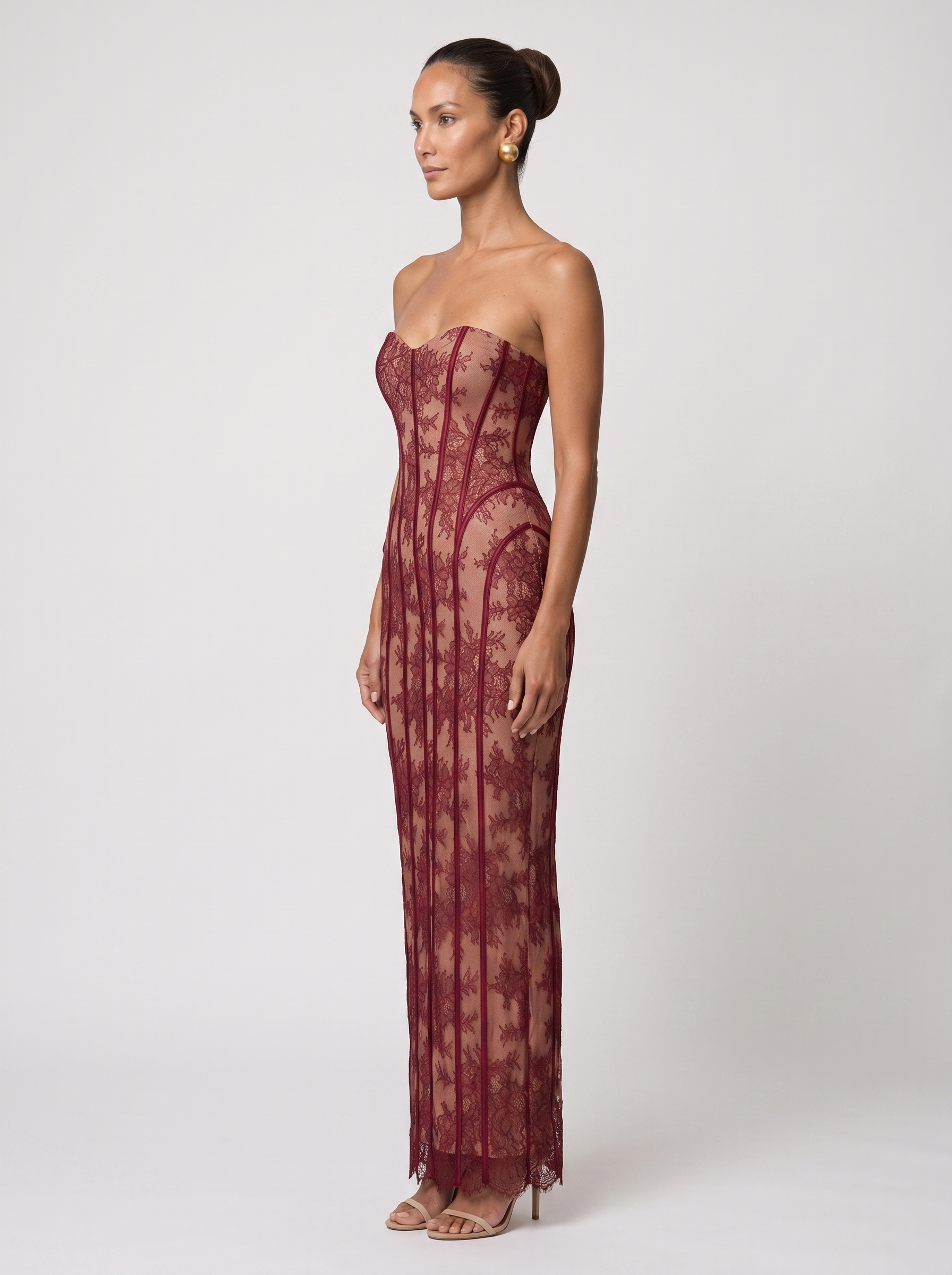 Sweetheart Corset Wine Lace Maxi Dress - Burgundy