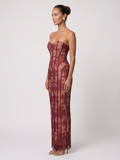 Sweetheart Corset Wine Lace Maxi Dress - Burgundy
