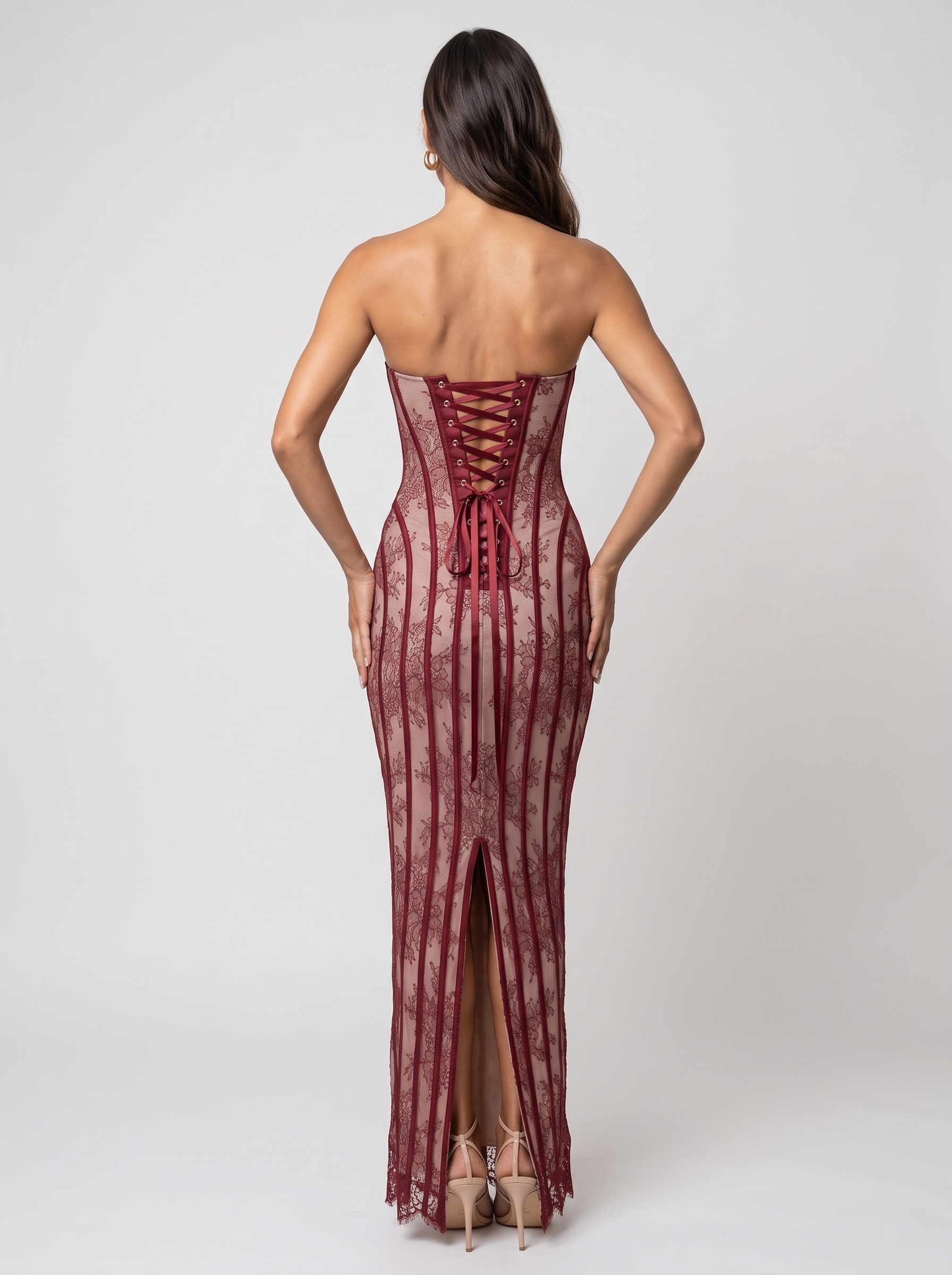 Sweetheart Corset Wine Lace Maxi Dress - Burgundy