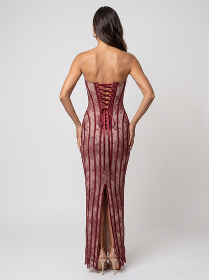 Sweetheart Corset Wine Lace Maxi Dress - Burgundy