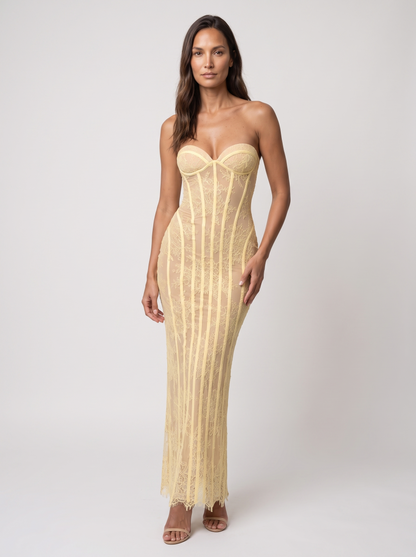 Sweetheart Corset Wine Lace Maxi Dress - Lemon