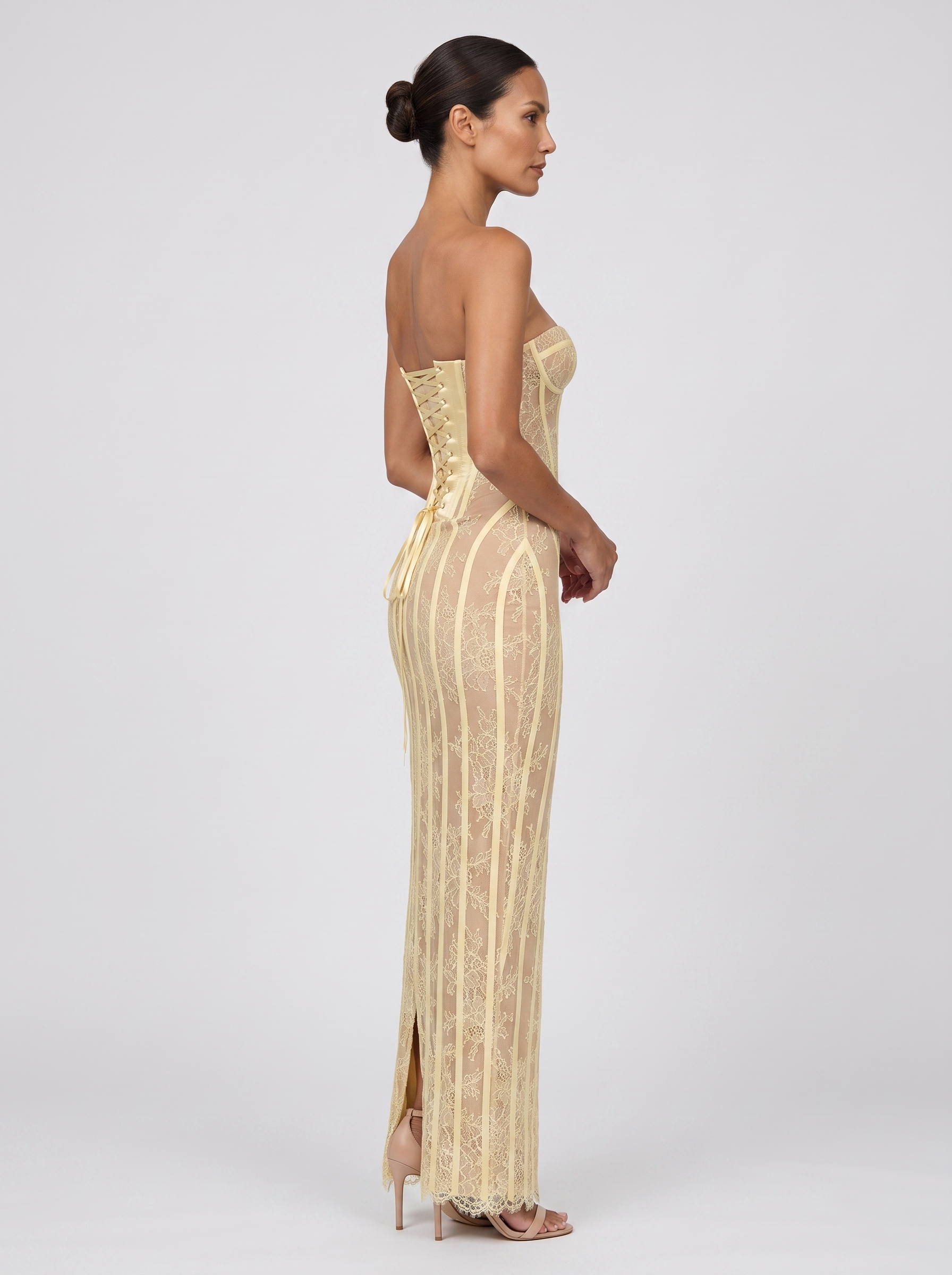 Sweetheart Corset Wine Lace Maxi Dress - Lemon