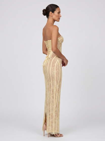 Sweetheart Corset Wine Lace Maxi Dress - Lemon