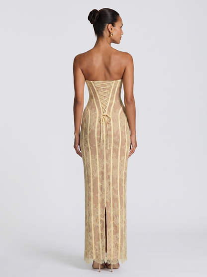 Sweetheart Corset Wine Lace Maxi Dress - Lemon