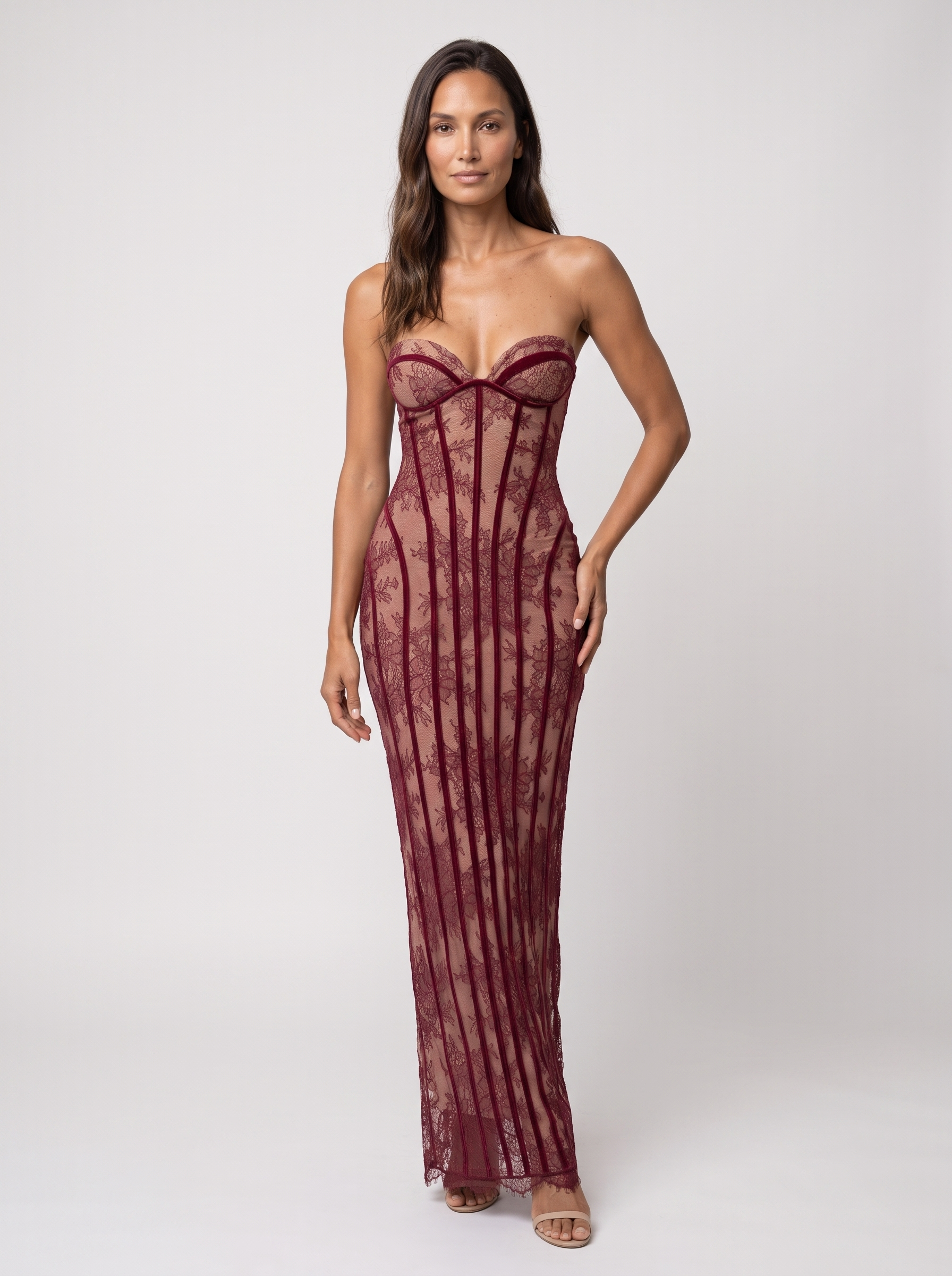 Sweetheart Corset Wine Lace Maxi Dress - Burgundy