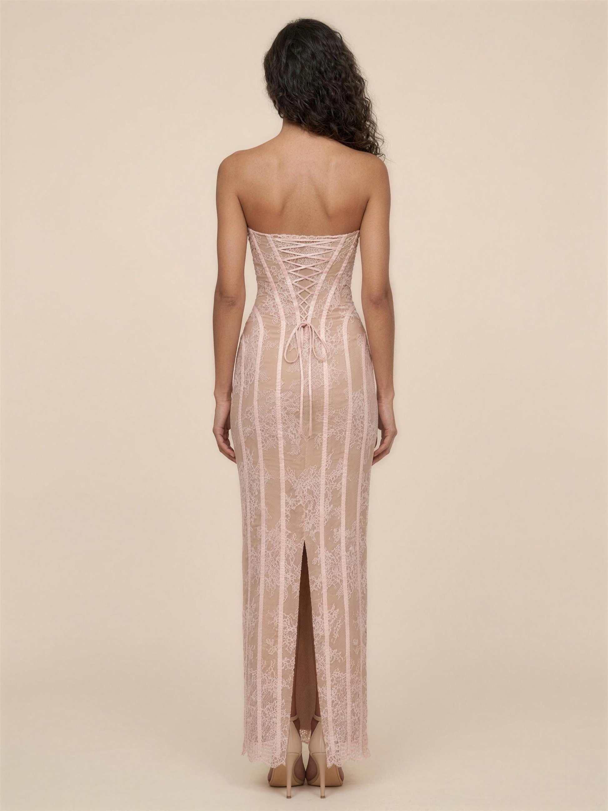 Strapless Lemon Lace Column Maxi Dress - Blush