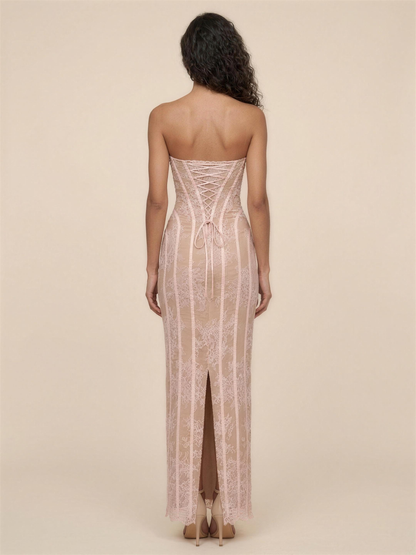 Strapless Lemon Lace Column Maxi Dress - Blush