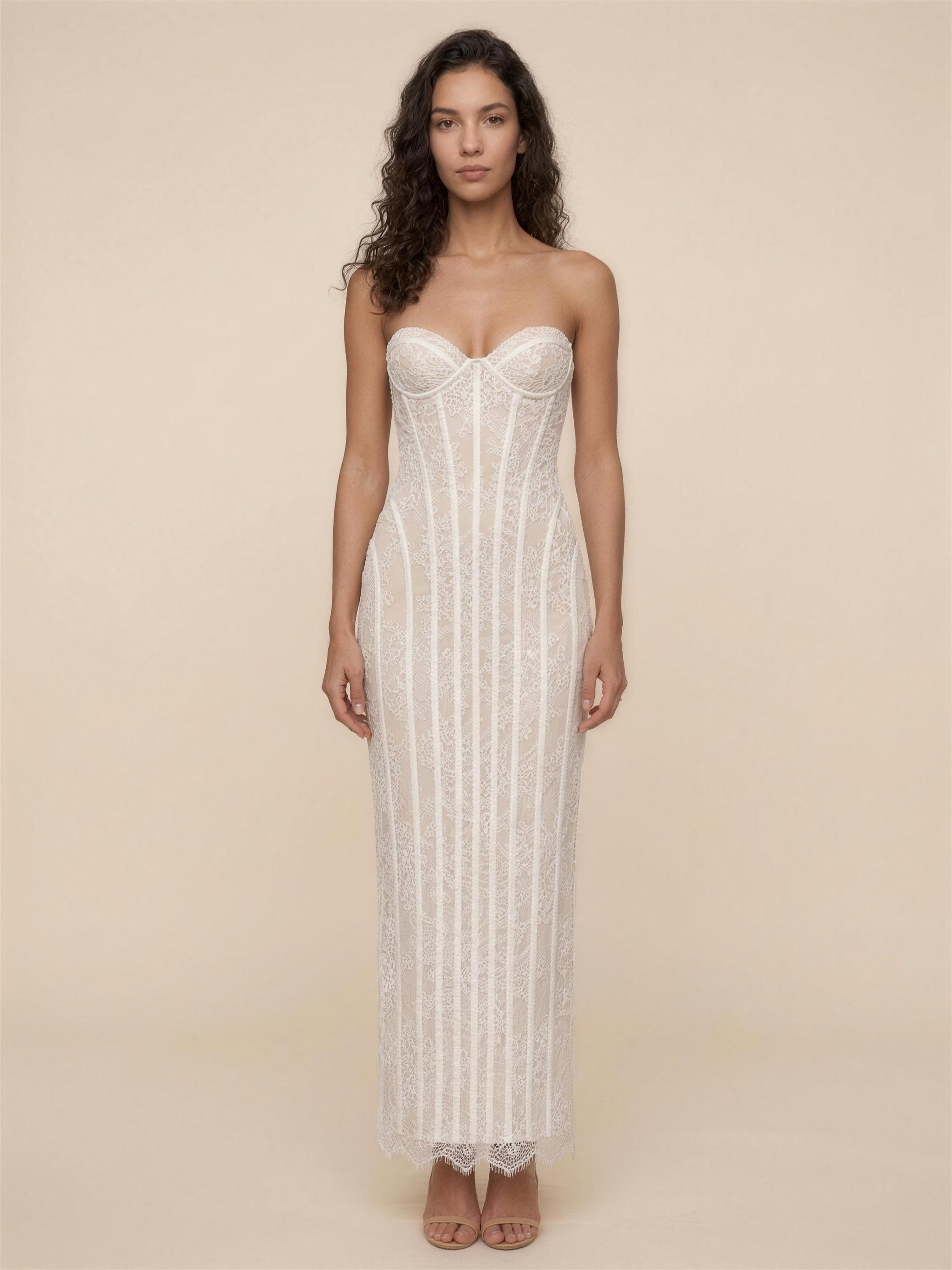 Strapless Lemon Lace Column Maxi Dress - Ivory