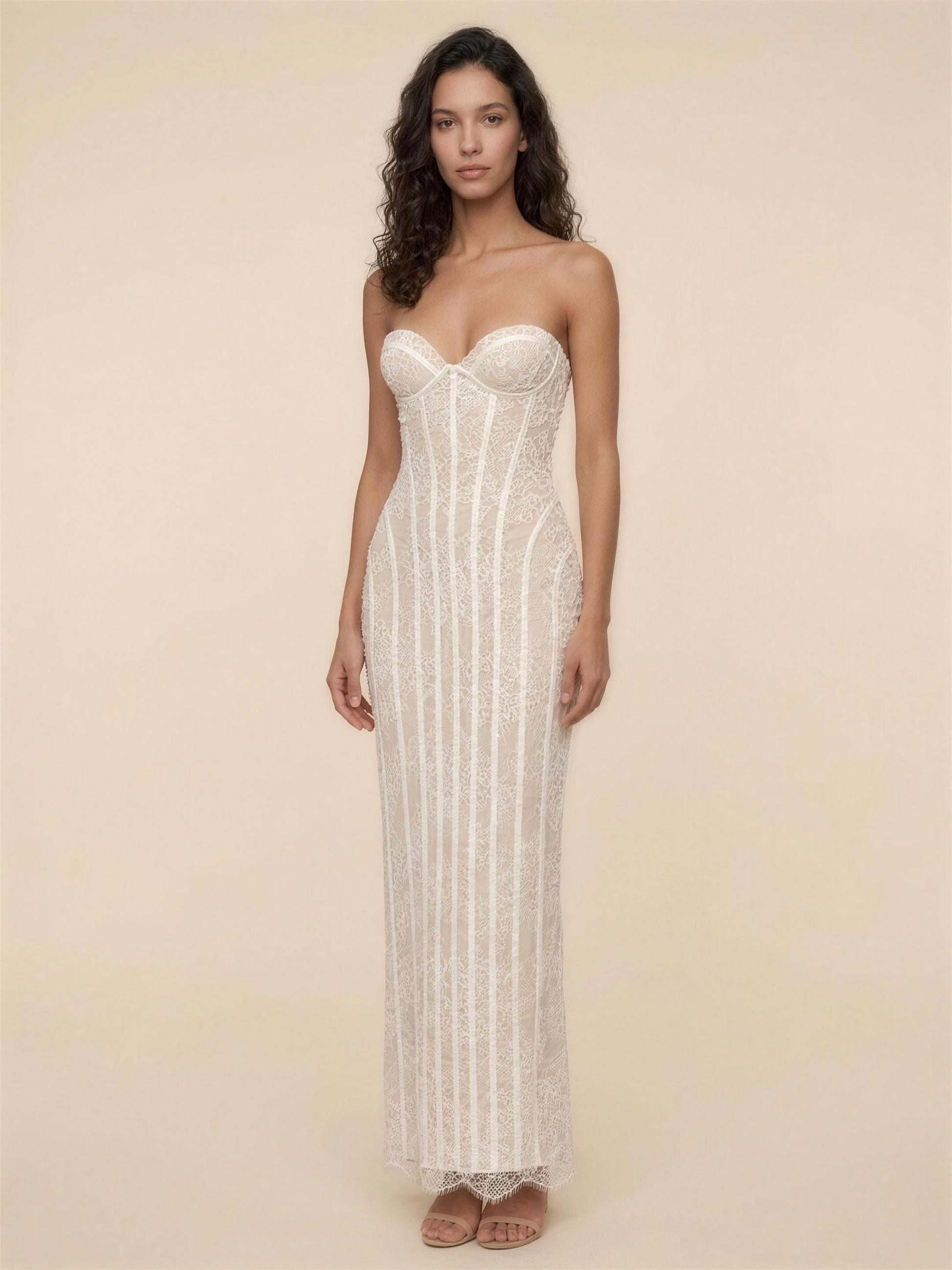 Strapless Lemon Lace Column Maxi Dress - Ivory