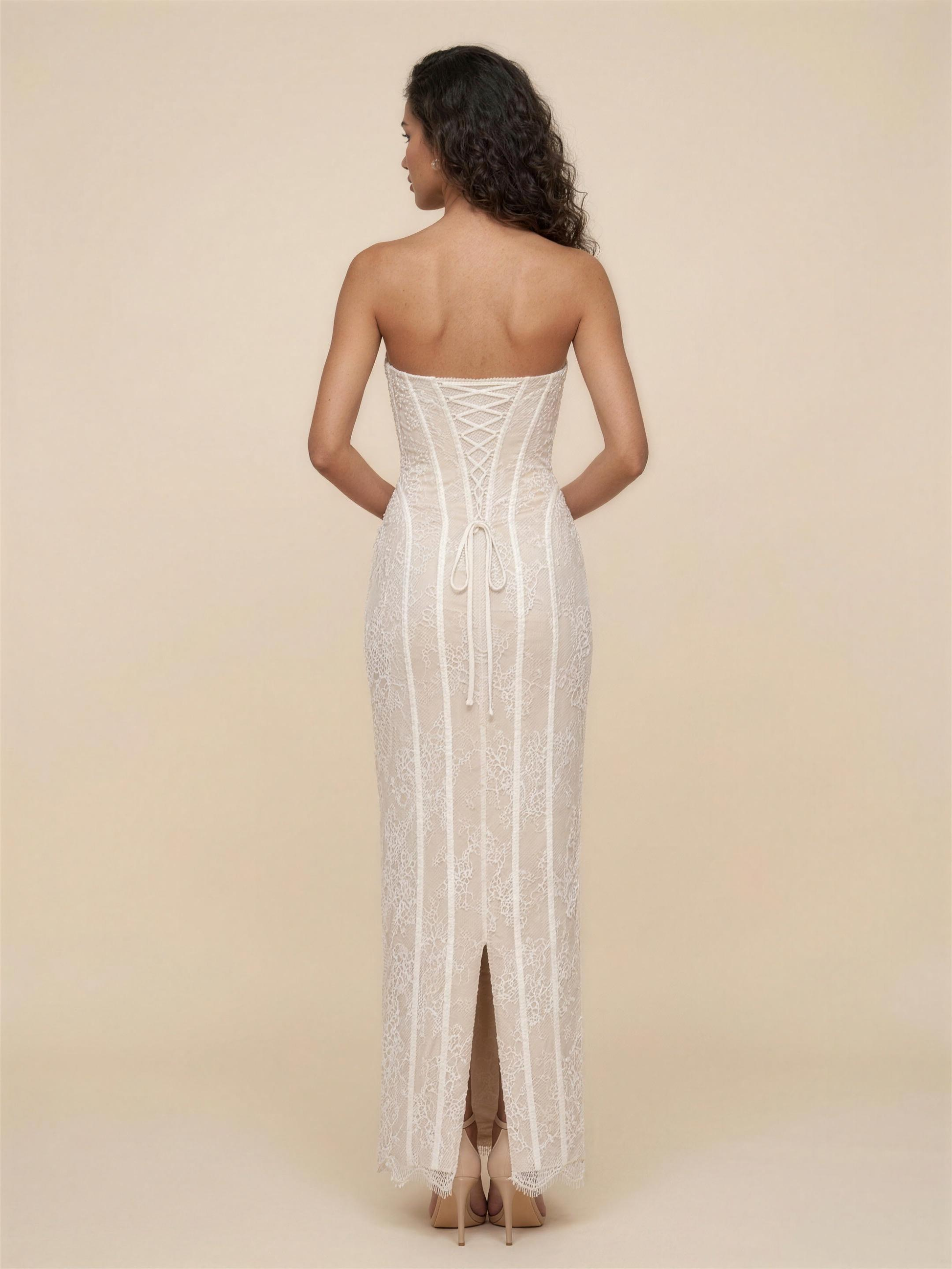 Strapless Lemon Lace Column Maxi Dress - Ivory